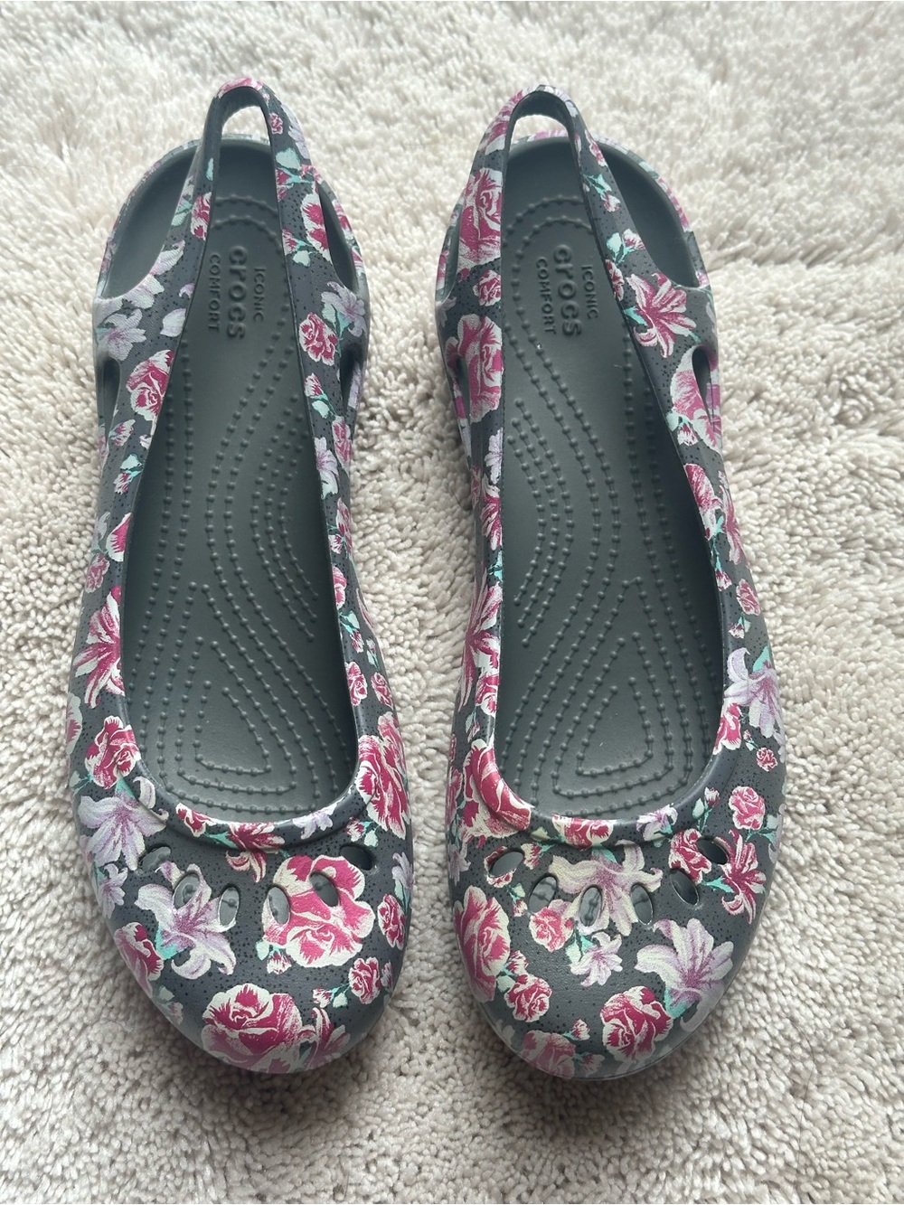 CROCS Women's Gray Floral Slingback Flats with Pink floral Accents